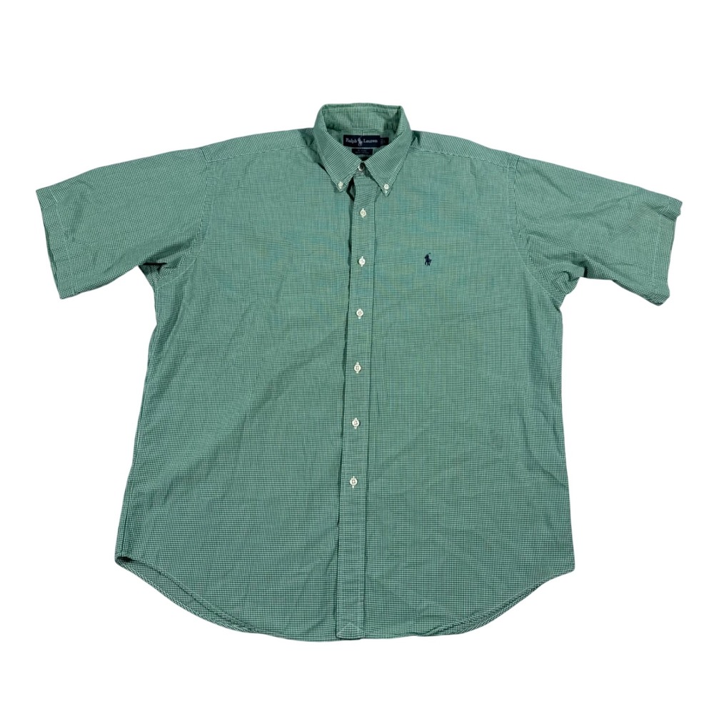 Ralph Lauren Button Down Shirt Mens Large Green Gingham Blaire Short Sleeve Pony